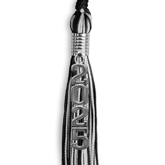 Black/Silver Mixed Color Graduation Tassel with Stacked Silver Date Drop by Wholesale Grad Supply
