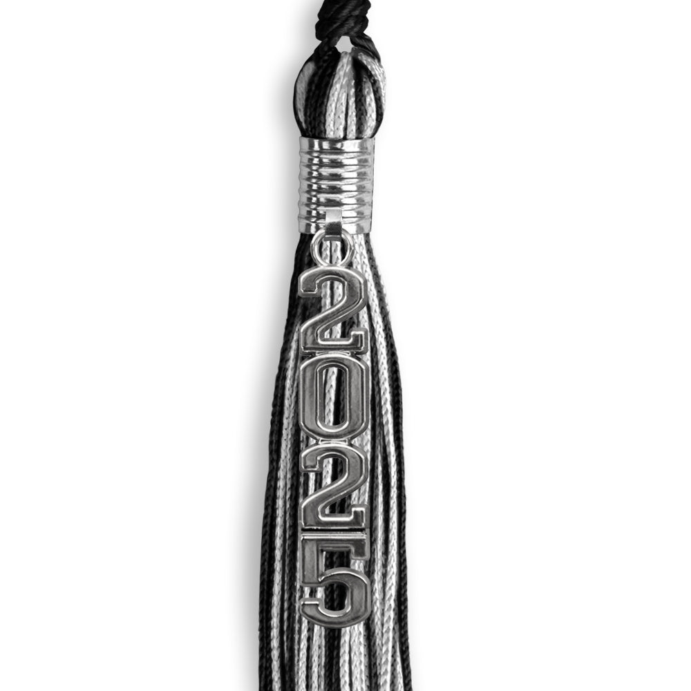 Black/Silver Mixed Color Graduation Tassel with Stacked Silver Date Drop by Wholesale Grad Supply