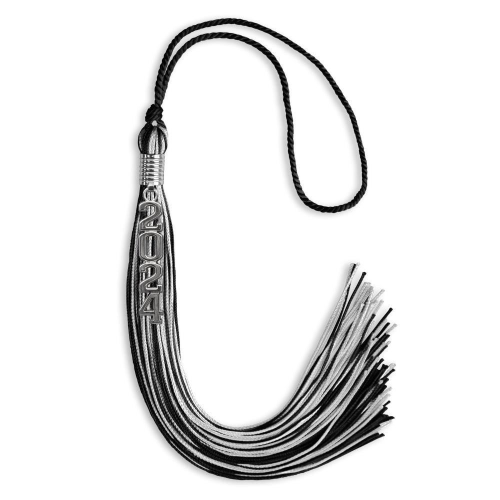 Black/Silver Mixed Color Graduation Tassel with Stacked Silver Date Drop by Wholesale Grad Supply