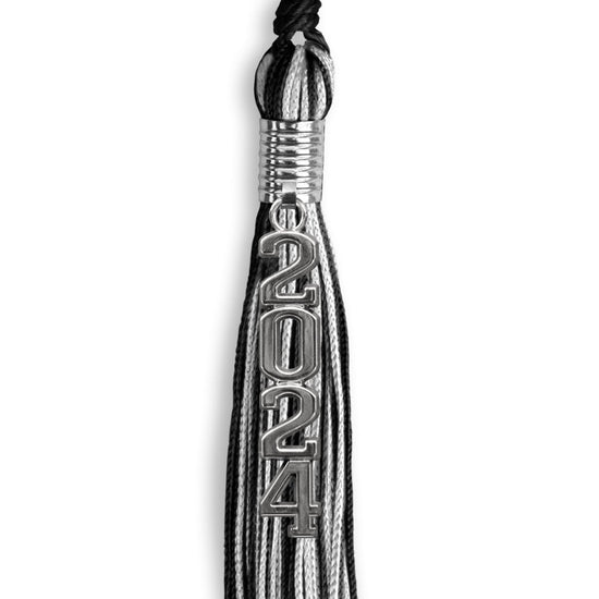 Black/Silver Mixed Color Graduation Tassel with Stacked Silver Date Drop by Wholesale Grad Supply