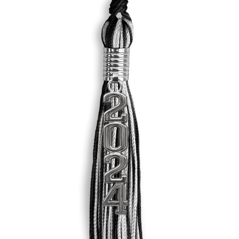 Black/Silver Mixed Color Graduation Tassel with Stacked Silver Date Drop by Wholesale Grad Supply