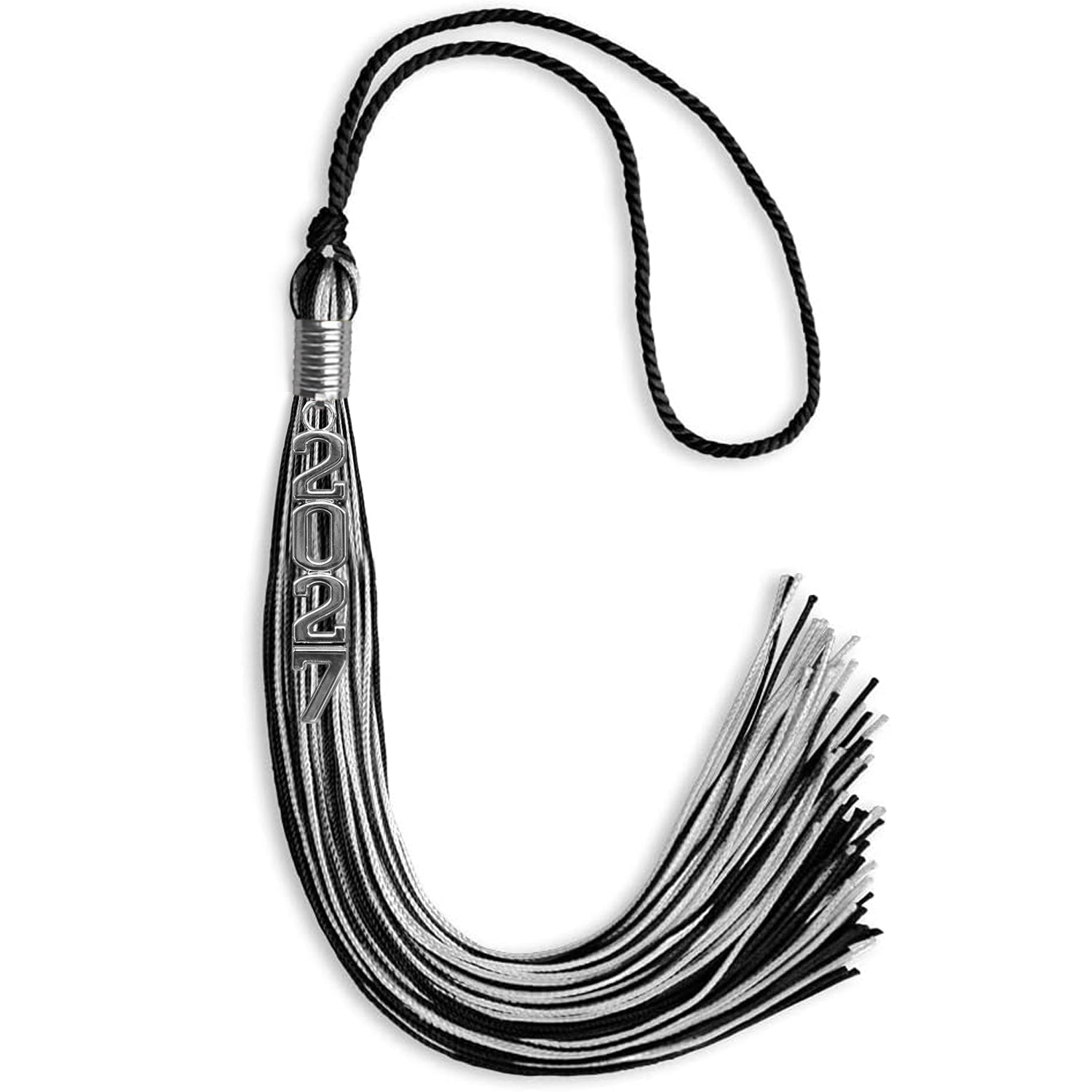 Black/Silver Mixed Color Graduation Tassel with Stacked Silver Date Drop by Wholesale Grad Supply