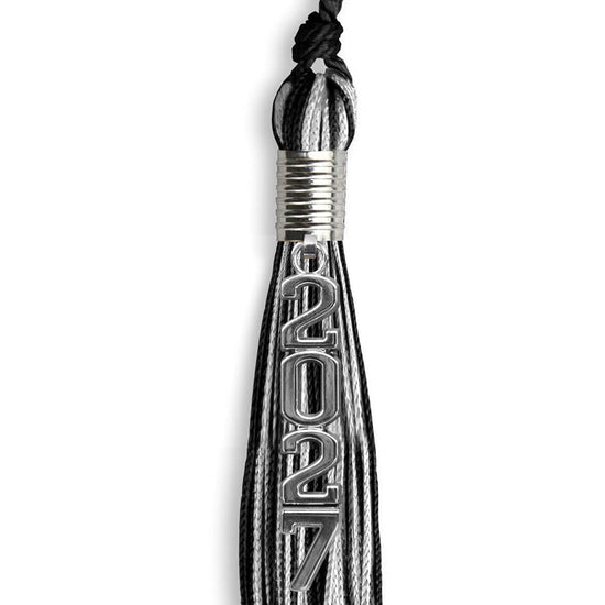 Black/Silver Mixed Color Graduation Tassel with Stacked Silver Date Drop by Wholesale Grad Supply