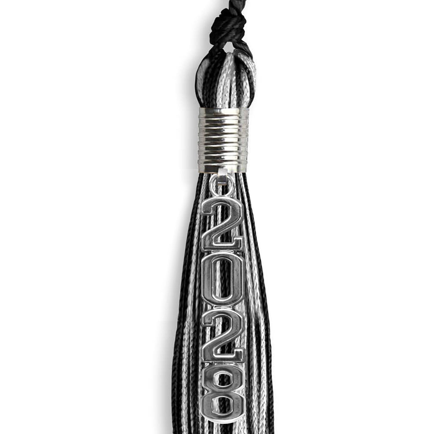 Black/Silver Mixed Color Graduation Tassel with Stacked Silver Date Drop by Wholesale Grad Supply