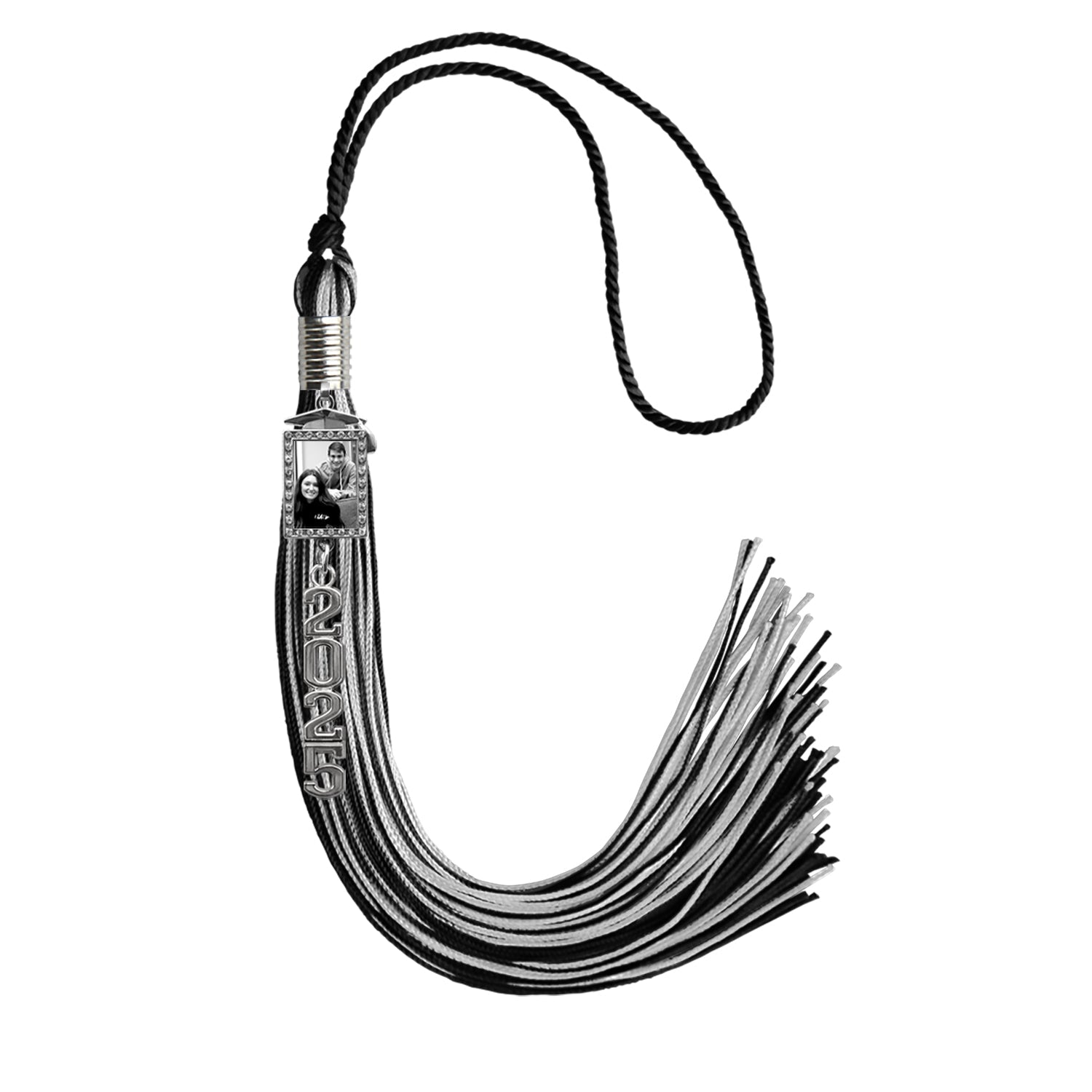 Black/Silver Tassel with Photo Frame Charm and Stacked Date Drop by Wholesale Grad Supply
