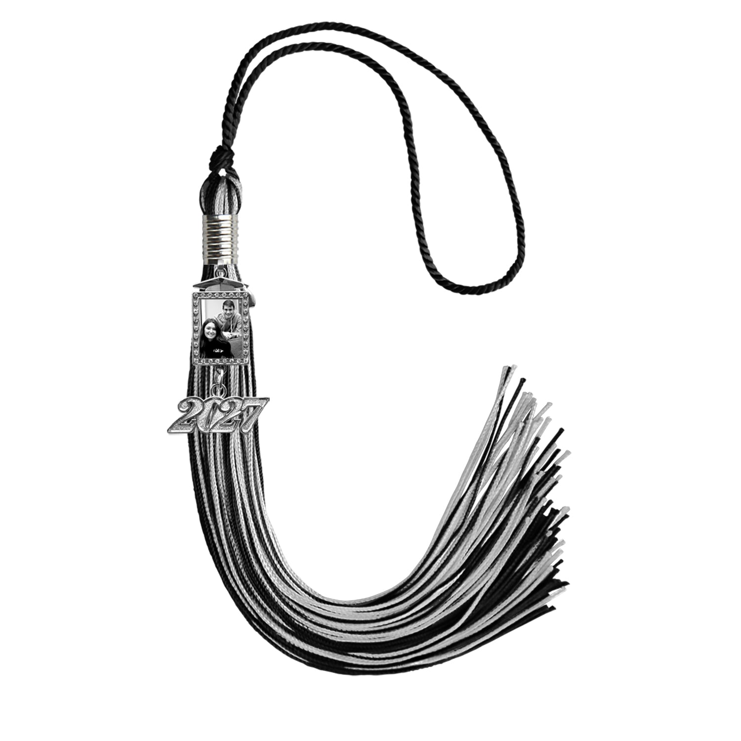 Black/Silver Tassel with Photo Frame Charm and Year Date Drop by Wholesale Grad Supply