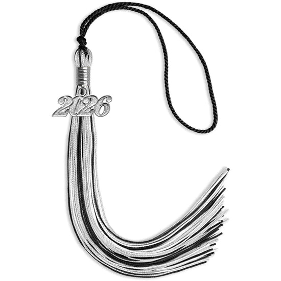 Black/Silver/White Mixed Color Graduation Tassel with Silver Bling Charm by Wholesale Grad Supply