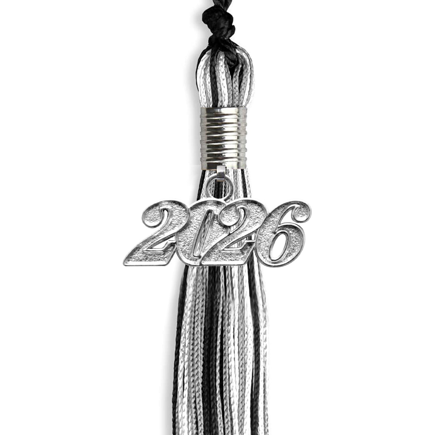 Black/Silver/White Mixed Color Graduation Tassel with Silver Bling Charm by Wholesale Grad Supply