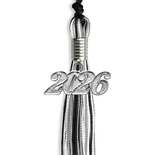 Black/Silver/White Mixed Color Graduation Tassel with Silver Bling Charm by Wholesale Grad Supply