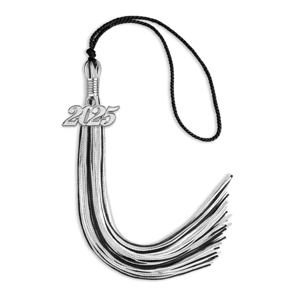 Black/Silver/White Mixed Color Graduation Tassel with Silver Bling Charm by Wholesale Grad Supply