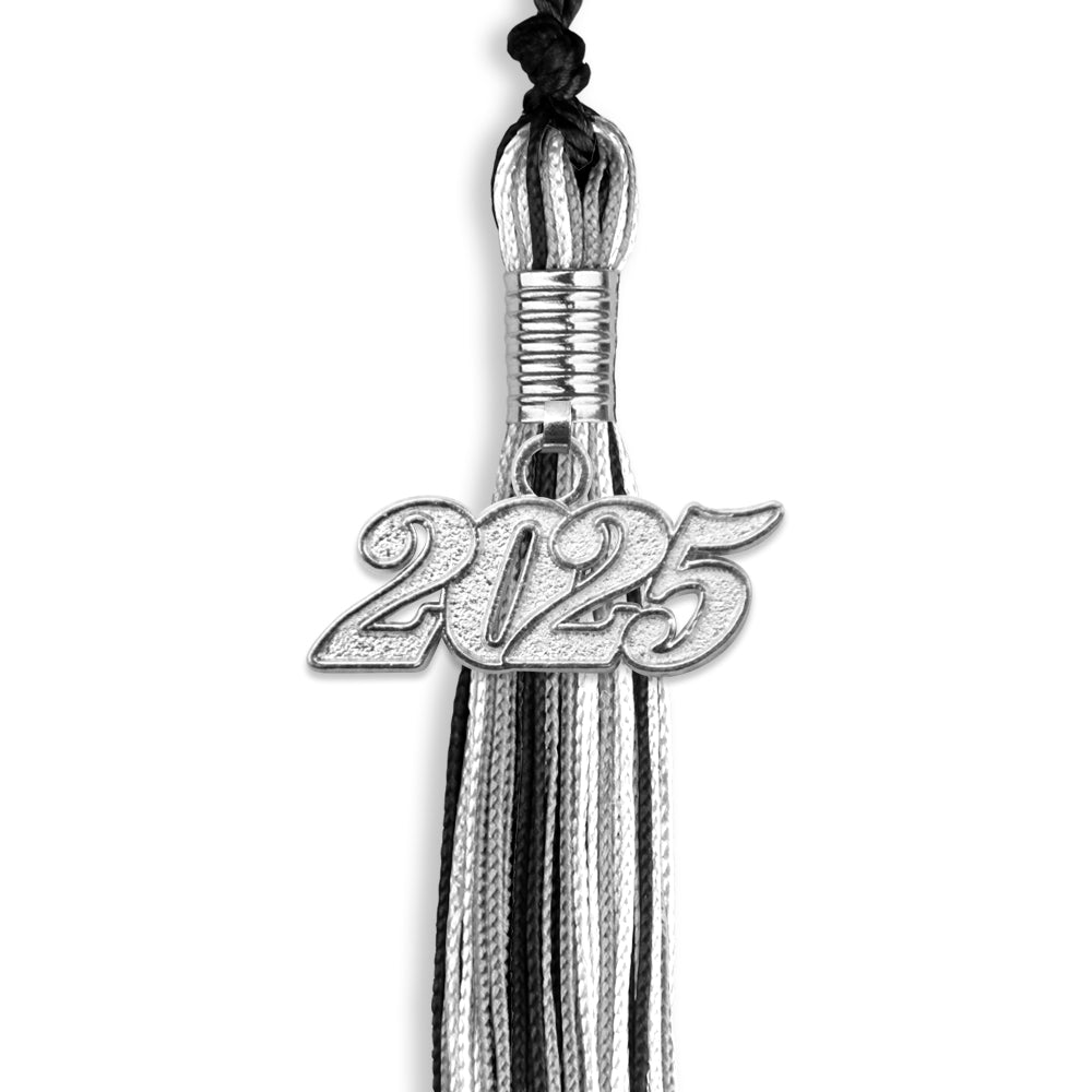 Black/Silver/White Mixed Color Graduation Tassel with Silver Bling Charm by Wholesale Grad Supply