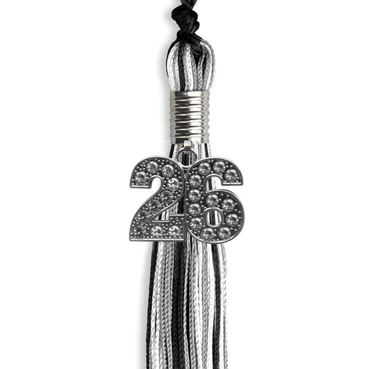Black/Silver/White Mixed Color Graduation Tassel with Silver Bling Charm by Wholesale Grad Supply