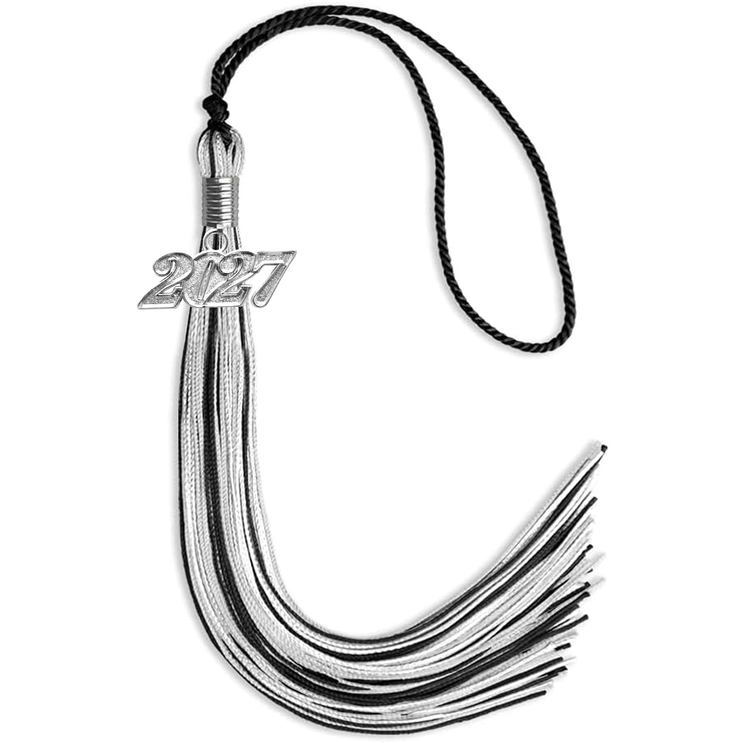 Black/Silver/White Mixed Color Graduation Tassel with Silver Bling Charm by Wholesale Grad Supply