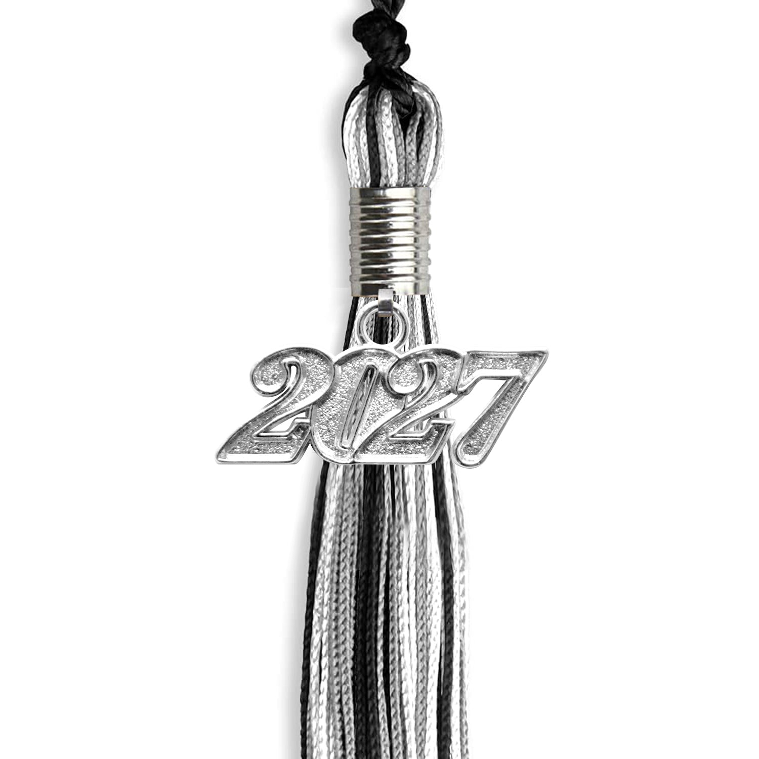 Black/Silver/White Mixed Color Graduation Tassel with Silver Bling Charm by Wholesale Grad Supply