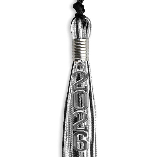 Black/Silver/White Mixed Color Graduation Tassel with Silver Stacked Date Drop by Wholesale Grad Supply