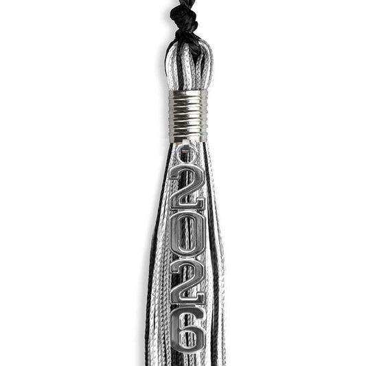 Black/Silver/White Mixed Color Graduation Tassel with Silver Stacked Date Drop by Wholesale Grad Supply