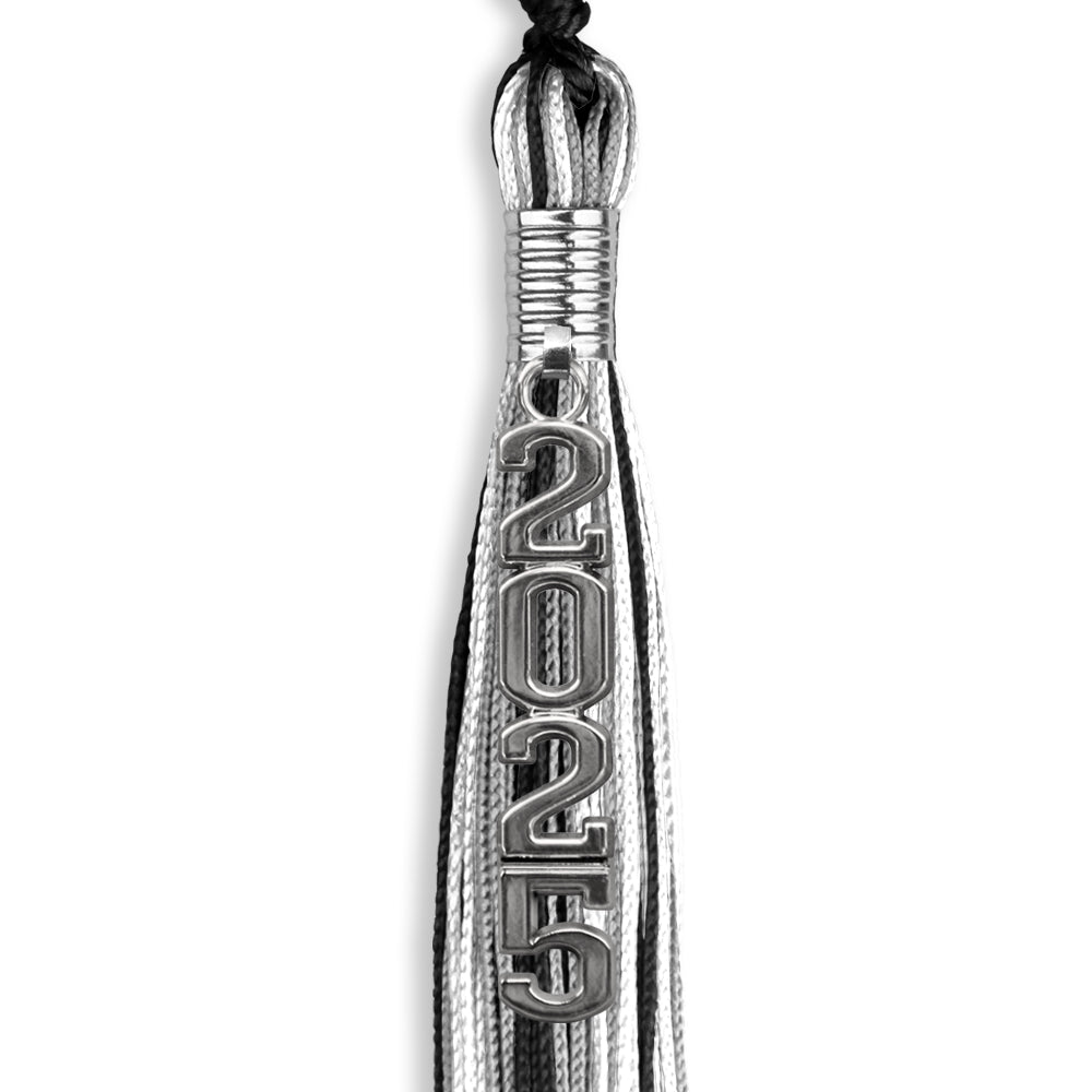 Black/Silver/White Mixed Color Graduation Tassel with Silver Stacked Date Drop by Wholesale Grad Supply