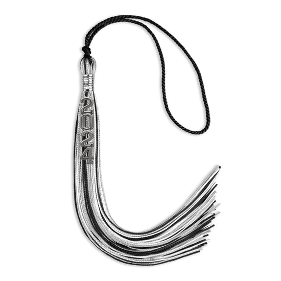 Black/Silver/White Mixed Color Graduation Tassel with Silver Stacked Date Drop by Wholesale Grad Supply