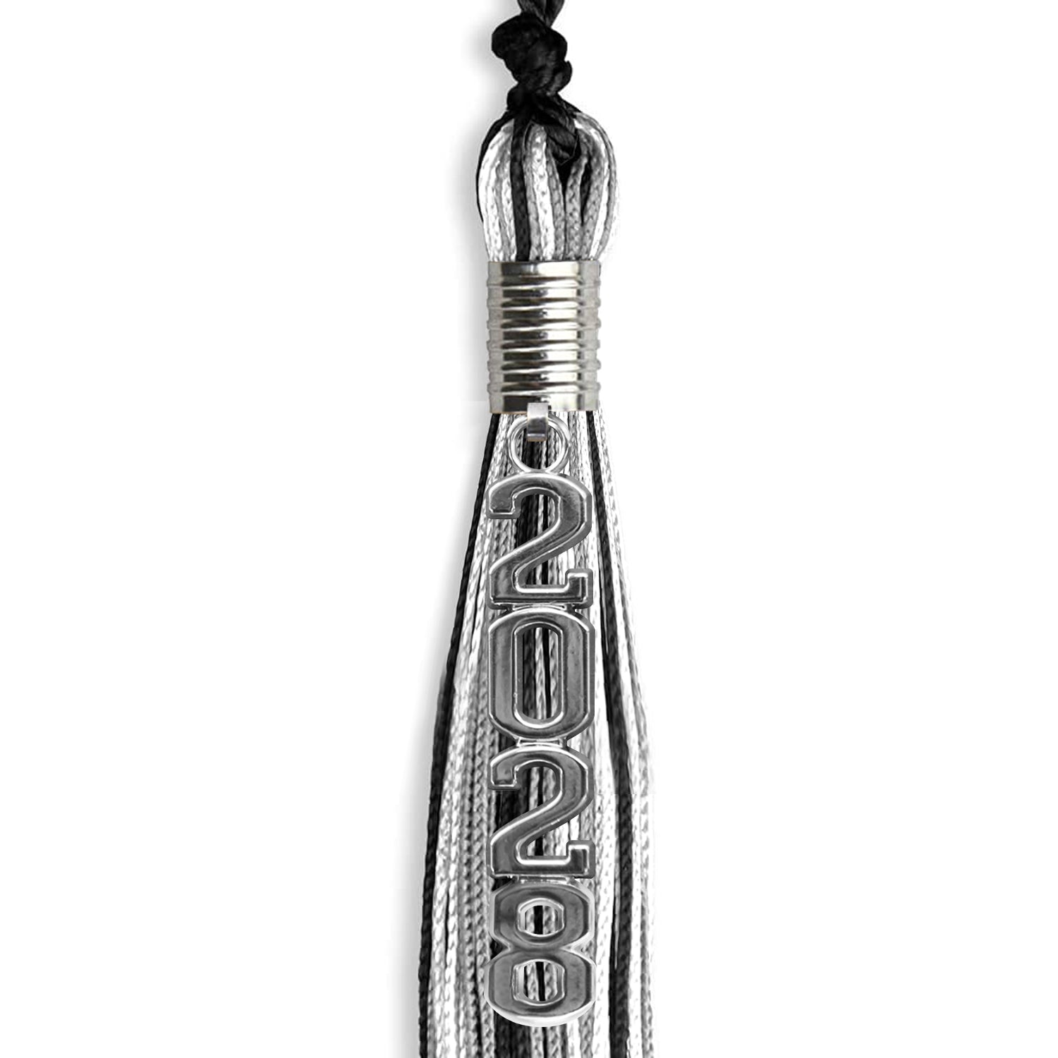 Black/Silver/White Mixed Color Graduation Tassel with Silver Stacked Date Drop by Wholesale Grad Supply