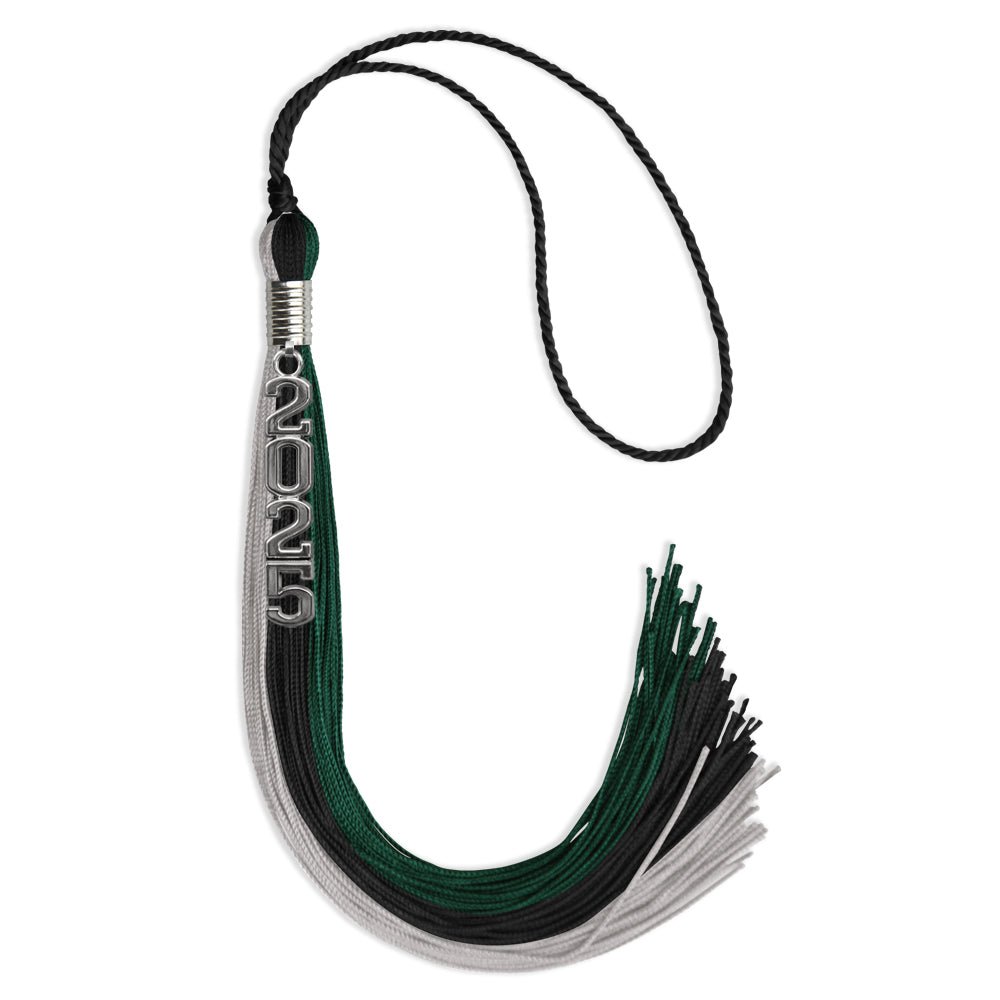 Black/Teal/Grey Graduation Tassel with Silver Stacked Date Drop by Wholesale Grad Supply