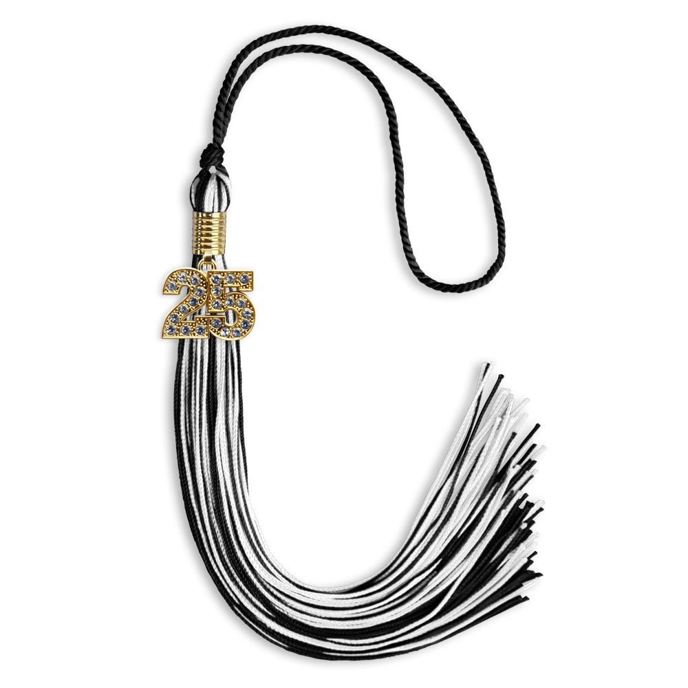 Black/White Mixed Color Graduation Tassel with Gold Bling Charm by Wholesale Grad Supply