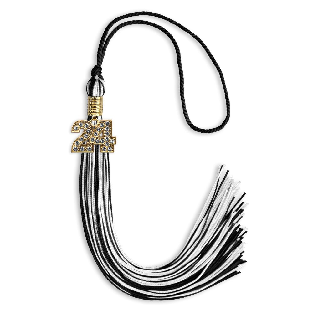 Black/White Mixed Color Graduation Tassel with Gold Bling Charm by Wholesale Grad Supply