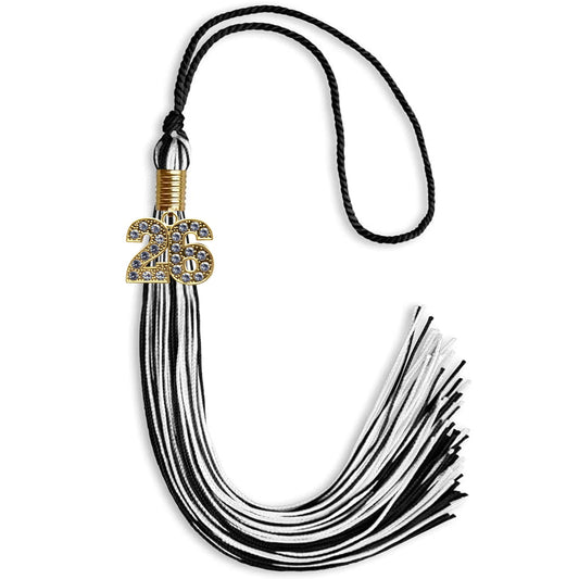 Black/White Mixed Color Graduation Tassel with Gold Bling Charm by Wholesale Grad Supply