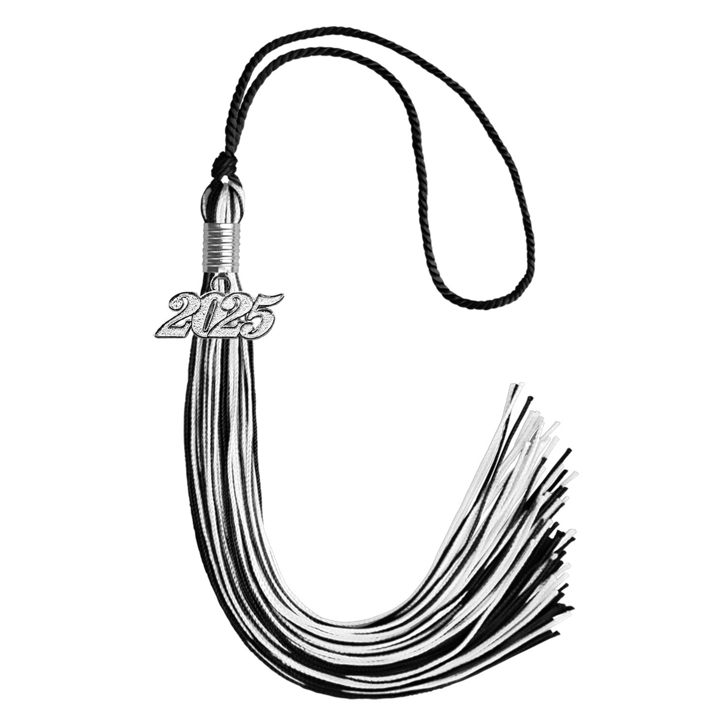 Black/White Mixed Color Graduation Tassel with Silver Bling Charm by Wholesale Grad Supply