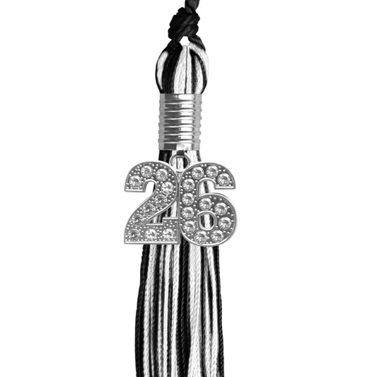 Black/White Mixed Color Graduation Tassel with Silver Bling Charm by Wholesale Grad Supply