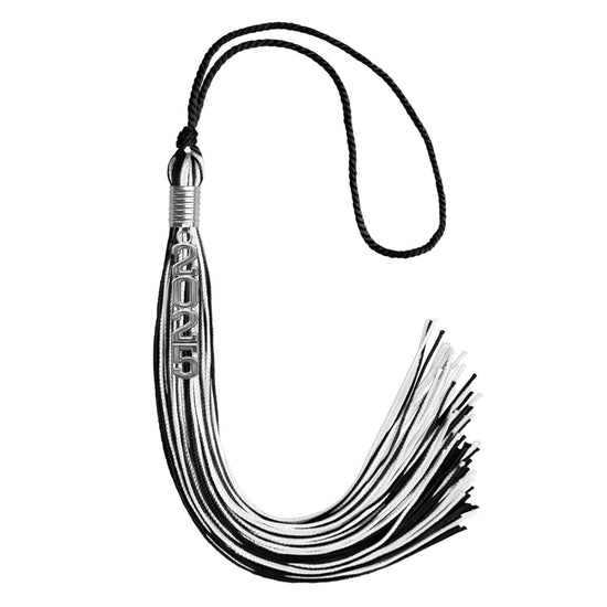 Black/White Mixed Color Graduation Tassel with Stacked Silver Date Drop by Wholesale Grad Supply