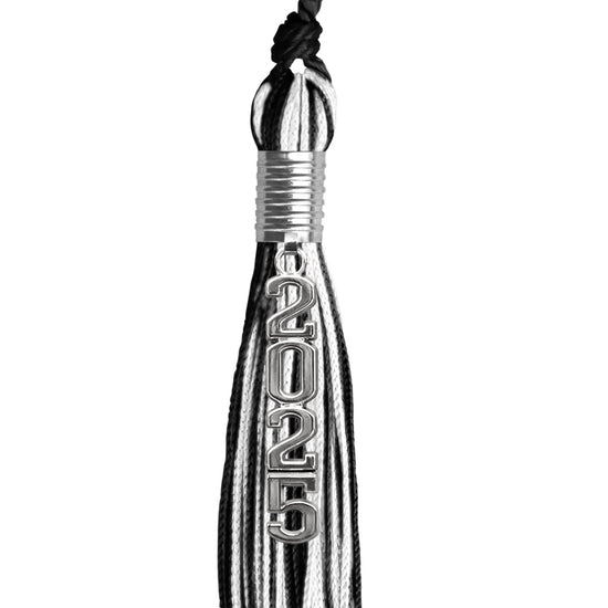 Black/White Mixed Color Graduation Tassel with Stacked Silver Date Drop by Wholesale Grad Supply