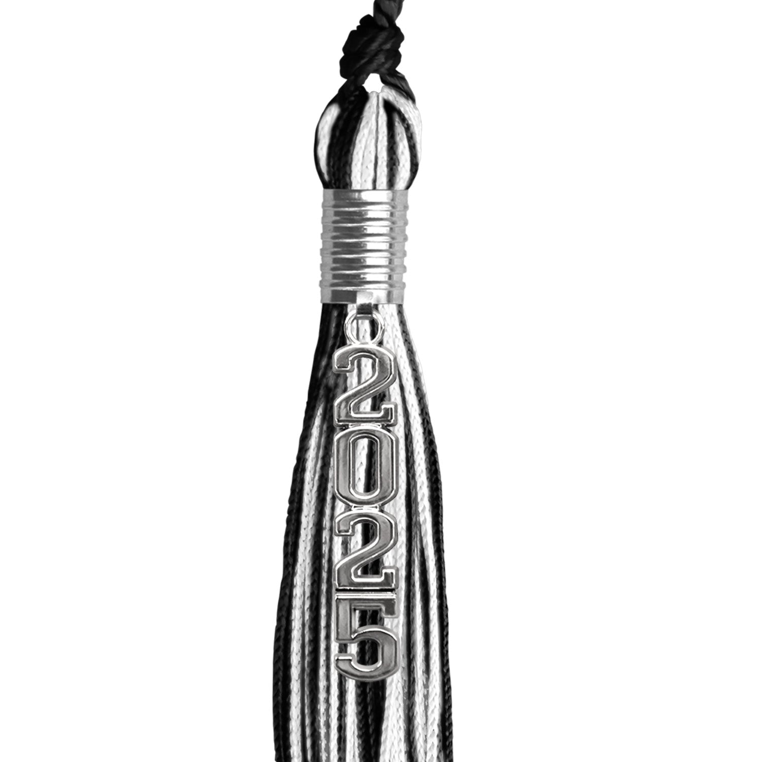 Black/White Mixed Color Graduation Tassel with Stacked Silver Date Drop by Wholesale Grad Supply