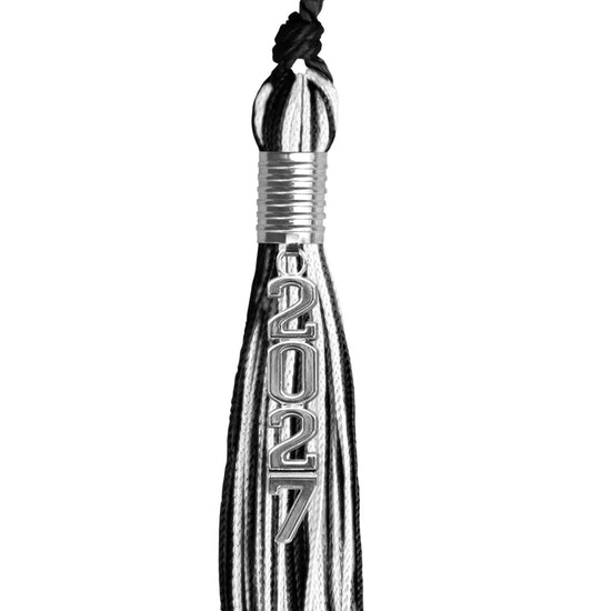 Black/White Mixed Color Graduation Tassel with Stacked Silver Date Drop by Wholesale Grad Supply