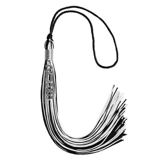 Black/White Mixed Color Graduation Tassel with Stacked Silver Date Drop by Wholesale Grad Supply