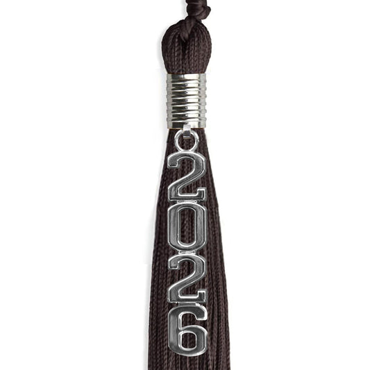 Brown Graduation Tassel with Silver Stacked Date Drop by Wholesale Grad Supply