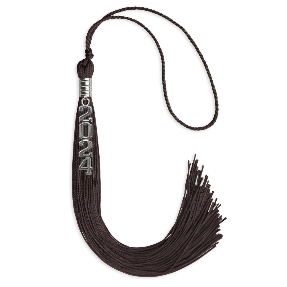 Brown Graduation Tassel with Silver Stacked Date Drop by Wholesale Grad Supply