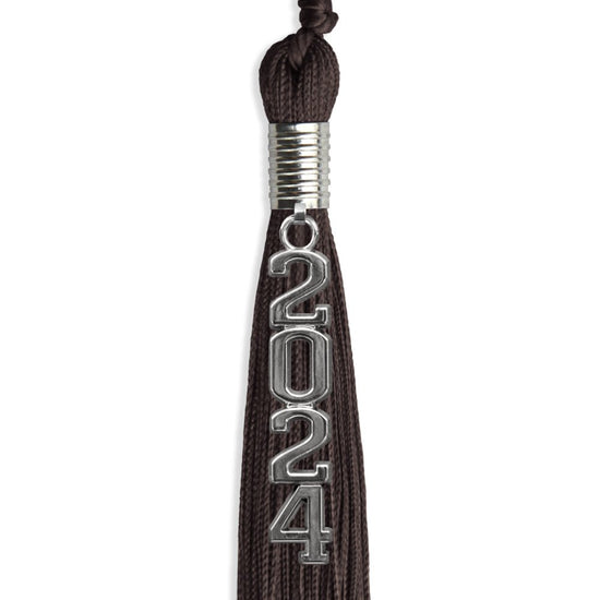 Brown Graduation Tassel with Silver Stacked Date Drop by Wholesale Grad Supply