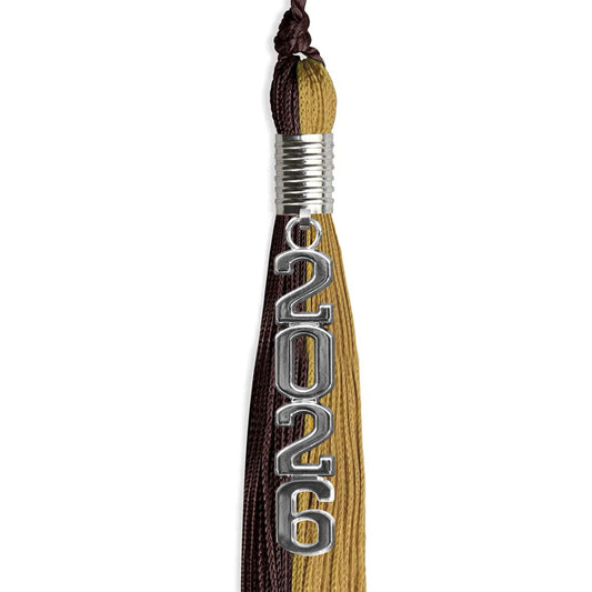 Brown/Antique Gold Graduation Tassel with Silver Stacked Date Drop by Wholesale Grad Supply