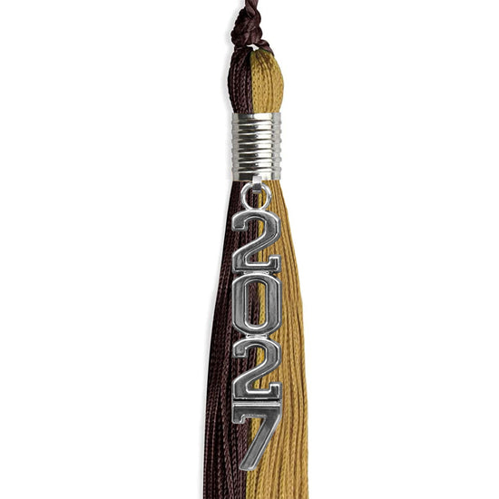 Brown/Antique Gold Graduation Tassel with Silver Stacked Date Drop by Wholesale Grad Supply