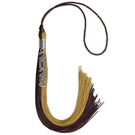Brown/Antique Gold Graduation Tassel with Silver Stacked Date Drop by Wholesale Grad Supply
