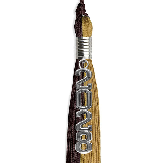 Brown/Antique Gold Graduation Tassel with Silver Stacked Date Drop by Wholesale Grad Supply