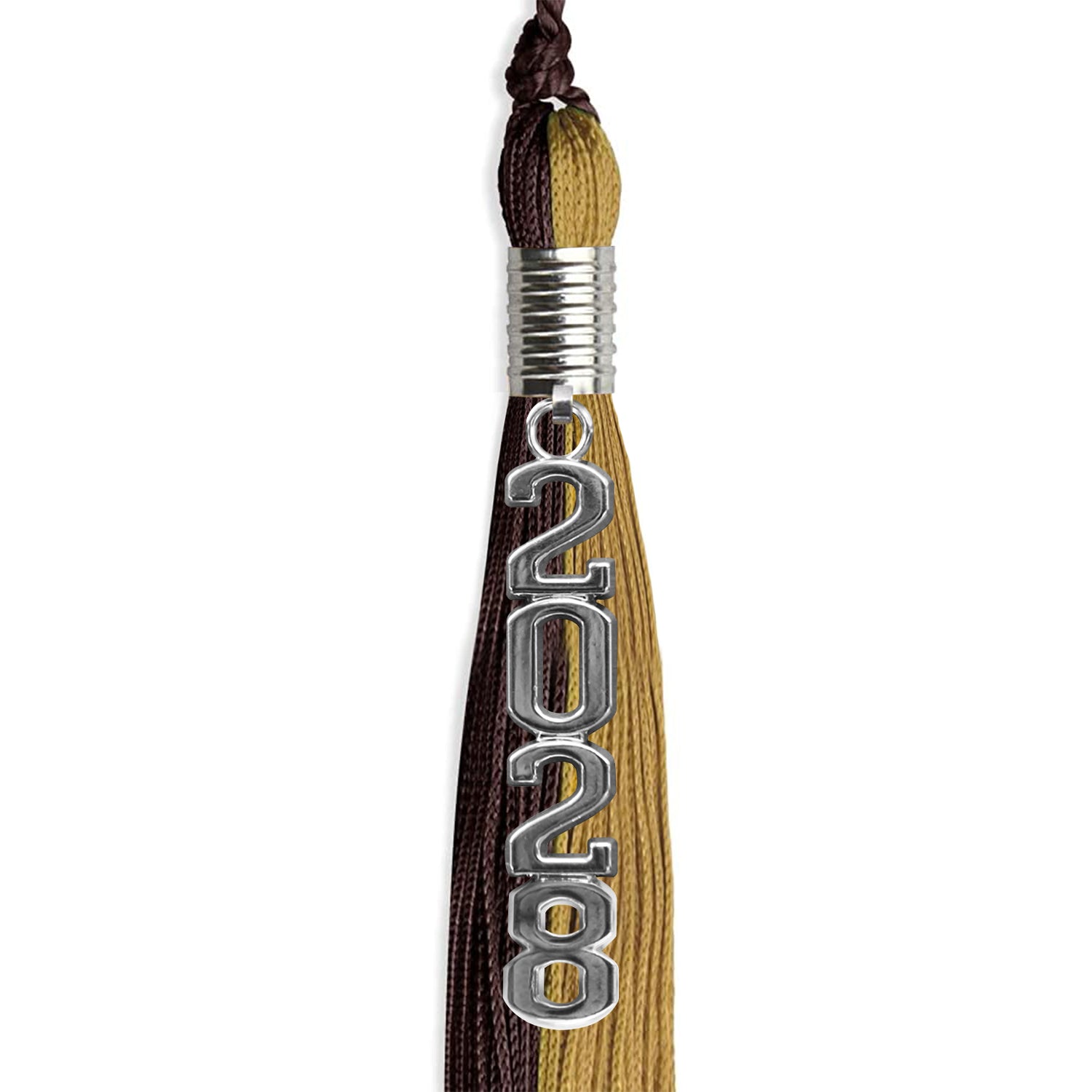 Brown/Antique Gold Graduation Tassel with Silver Stacked Date Drop by Wholesale Grad Supply