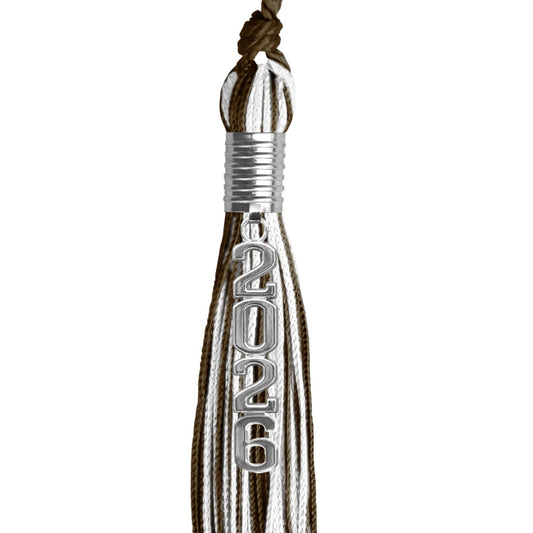 Brown/White Mixed Color Graduation Tassel with Stacked Silver Date Drop by Wholesale Grad Supply