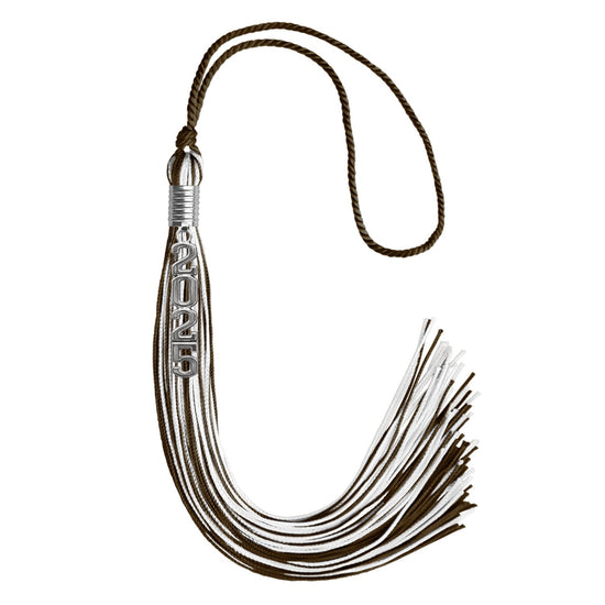 Brown/White Mixed Color Graduation Tassel with Stacked Silver Date Drop by Wholesale Grad Supply