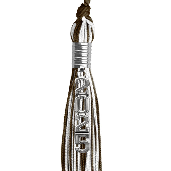 Brown/White Mixed Color Graduation Tassel with Stacked Silver Date Drop by Wholesale Grad Supply