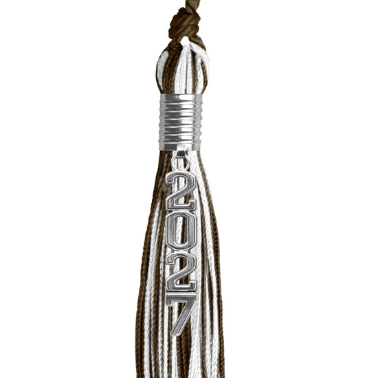 Brown/White Mixed Color Graduation Tassel with Stacked Silver Date Drop by Wholesale Grad Supply