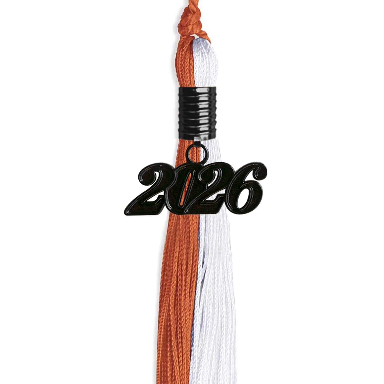 Burnt Orange/White Graduation Tassel with Black Bling Charm by Wholesale Grad Supply