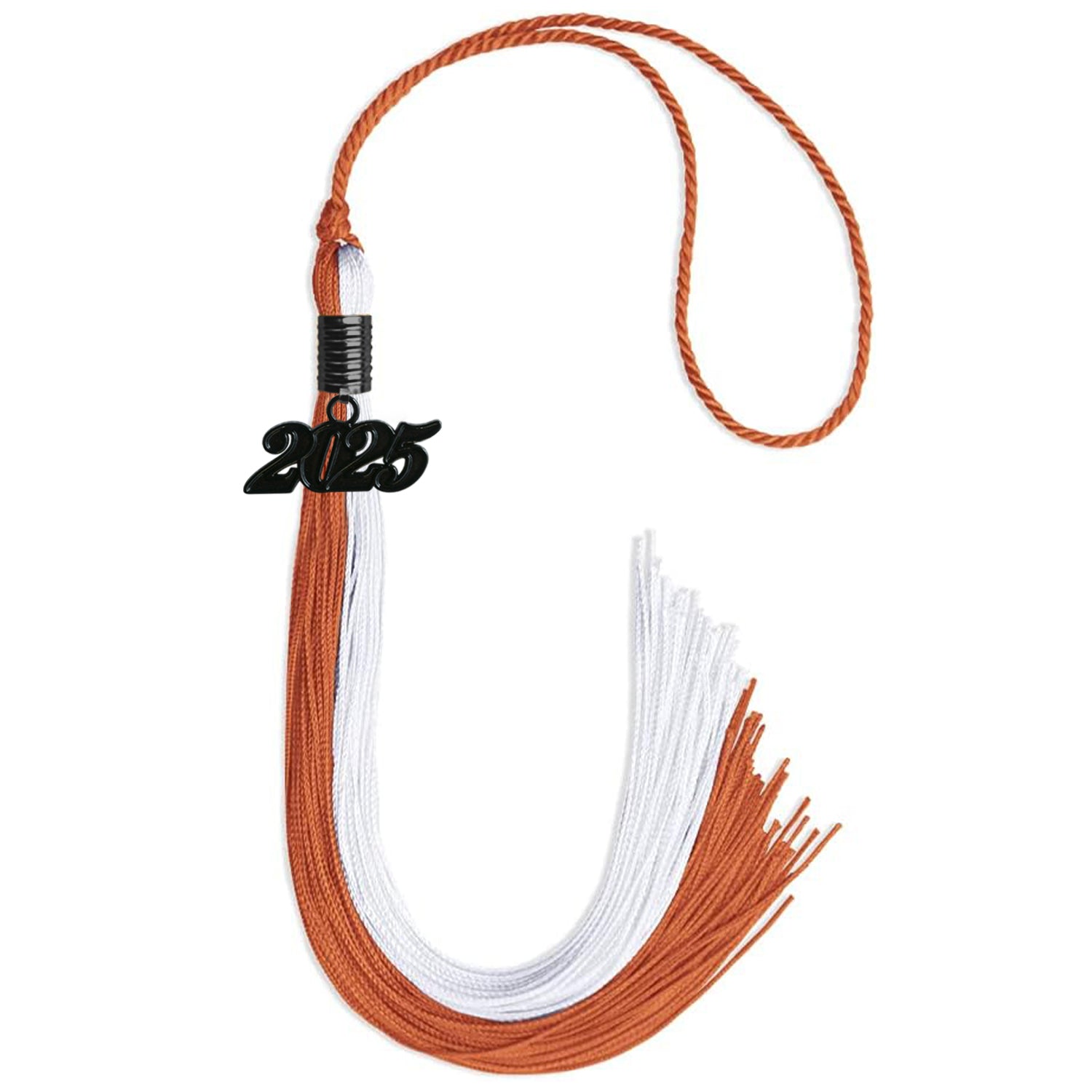 Burnt Orange/White Graduation Tassel with Black Bling Charm by Wholesale Grad Supply