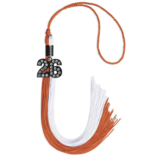 Burnt Orange/White Graduation Tassel with Black Bling Charm by Wholesale Grad Supply