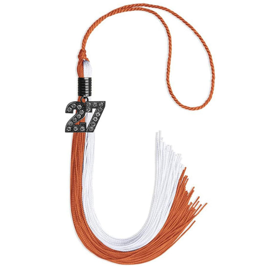 Burnt Orange/White Graduation Tassel with Black Bling Charm by Wholesale Grad Supply